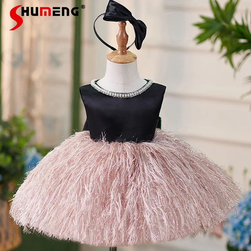 

Черно-розовое платье принцессы с перьями для девочек, нарядное платье с вышивкой бисером на горловине, детское платье без рукавов для дня рождения