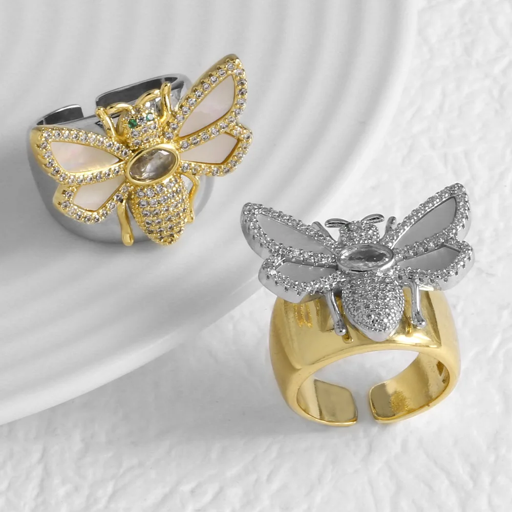 OCESRIO White Crystal Shell Bee Statement Women Rings Copper Gold Plated Gold/Silver Color Open Ring Fashion Jewelry rigq78