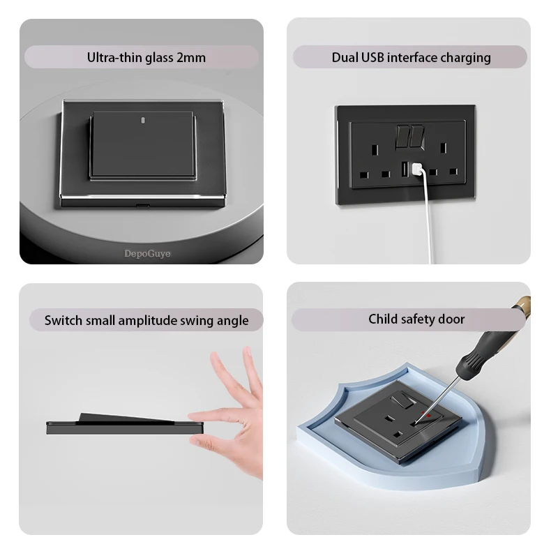 لوحة جدارية من الزجاج المقسى باللون الأسود منافذ ومفاتيح كهربائية في المملكة المتحدة مقبس منفذ شحن USB من النوع C 18 وات 1/2/3/4 عصابة 1/2 طريقة #3