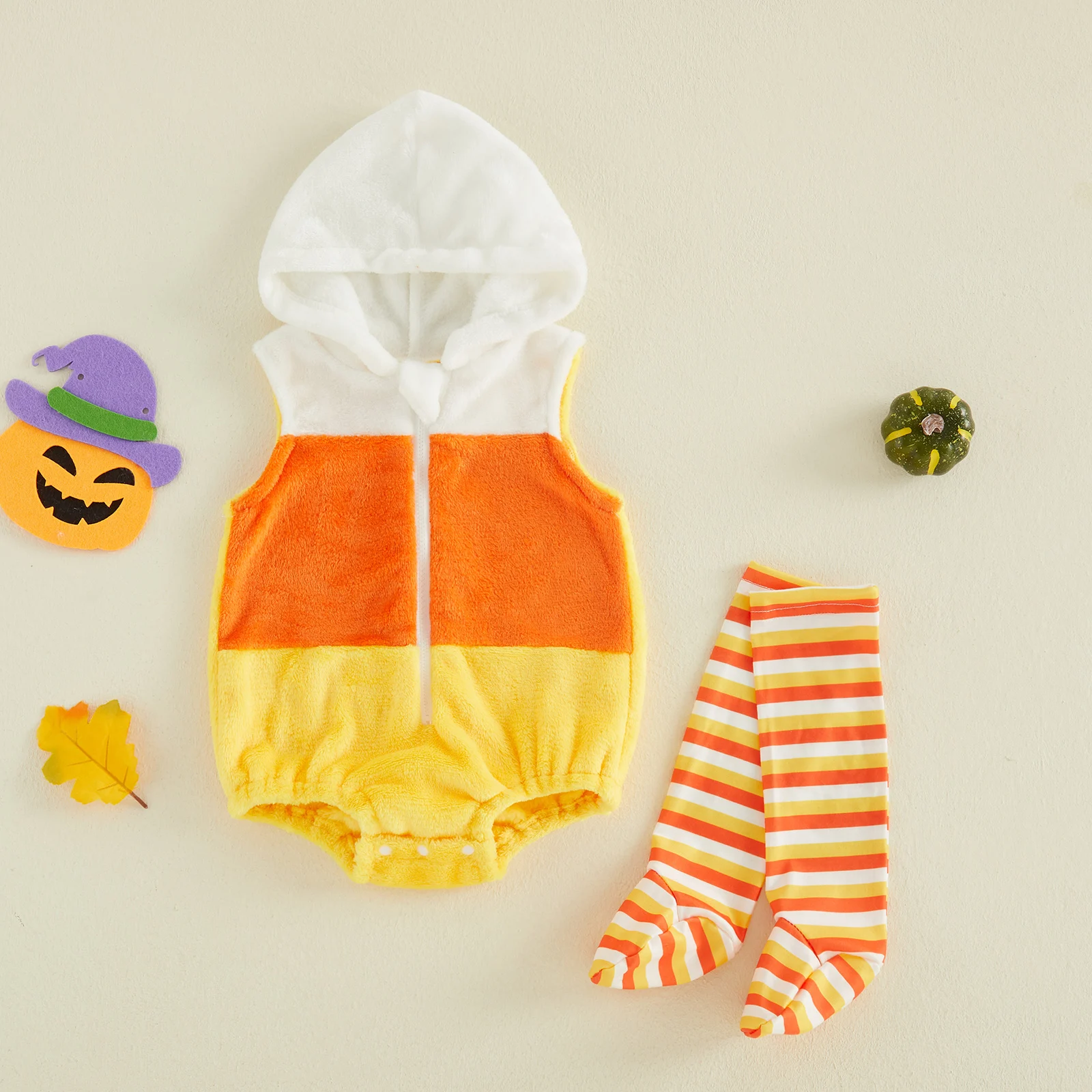 Halloween Candy Corn Costume for Infant Girl Boy Fleece Hooded Sleeveless Zipper Bubble Romper and Striped Stockings Set