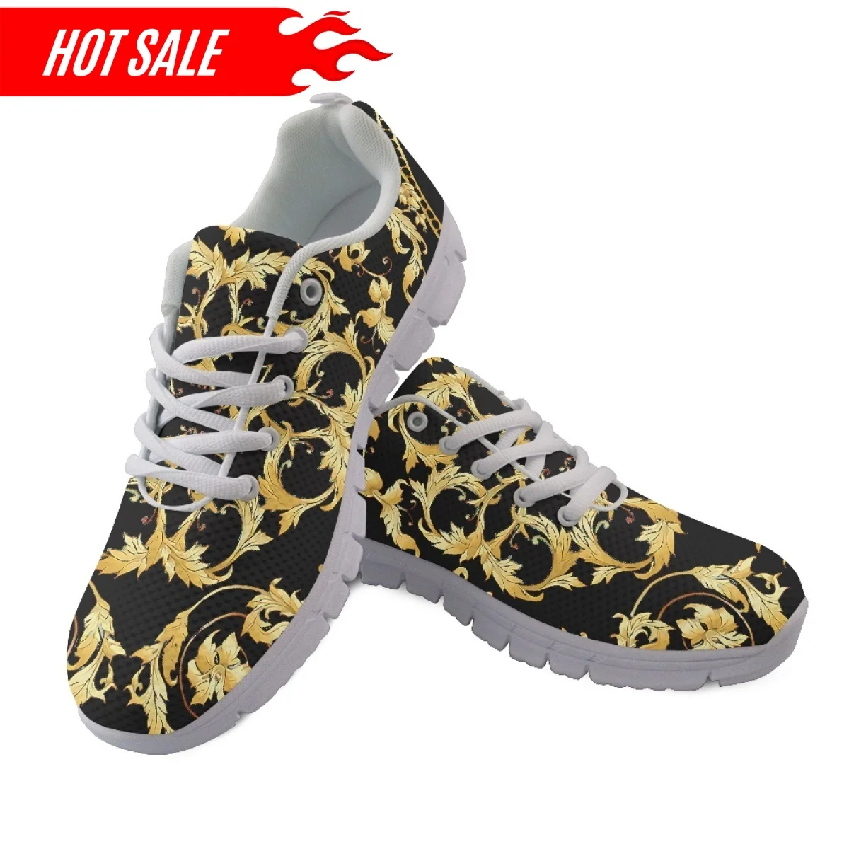 Vintage Golden Baroque Design Mesh Shoes for Women Lightweight Lace up Casual Sneakers Ladies Outdoor Walk Flats