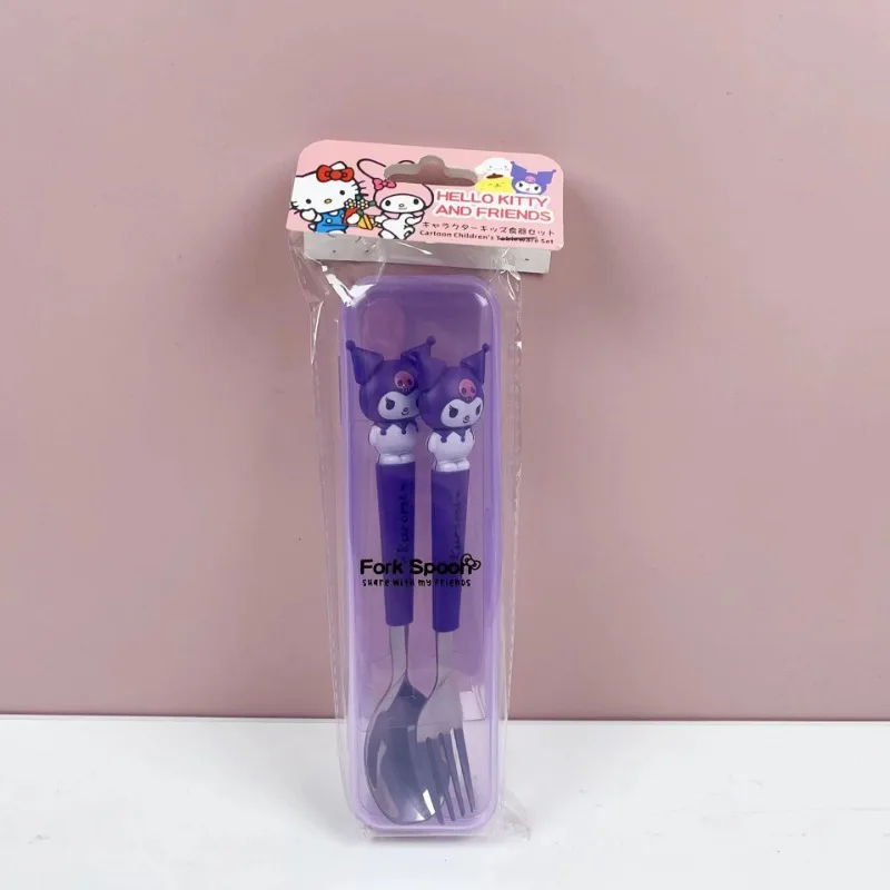 New Sanrio Kuromi Spoon Fork 2 Piece Set Cute Cinnamoroll Hello Kitty My Melody Stainless Steel Child Tableware Kitchen Supplies