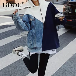 Spring Autumn New Contrast Color Patchwork Hoodies Women High Street Long Sleeve Loose Pullovers Korean Style Mid-length Tops