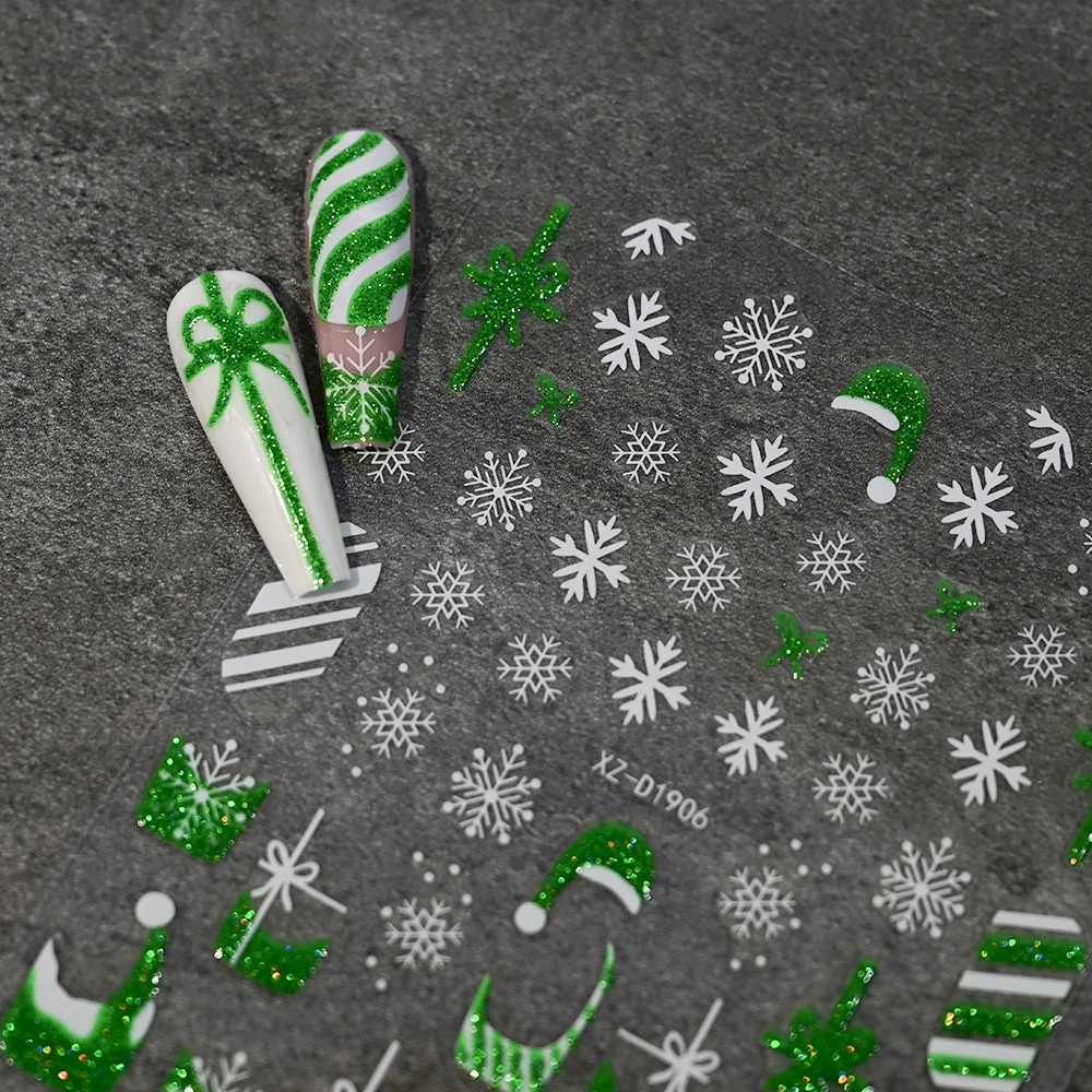 1pc 3D 녹색 반짝이 크리스마스 네일 스티커 황금 눈송이 녹색 모자 엘크 뿔 네일 데칼 크리스마스 파티 Selfadhesive Nail Sli
