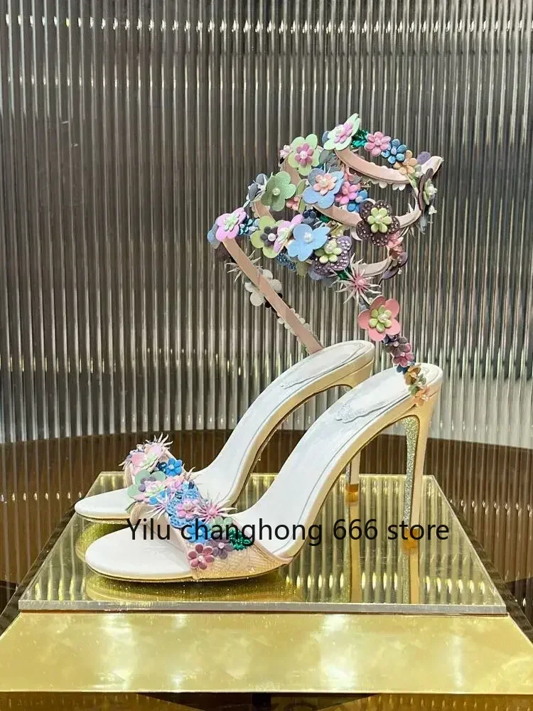 

Snake-Shaped Winding Wedding Shoes Colorful Flowers Pearl Genuine Leather Luxury Sandals 2025 Summer Banquet Fashion Women Pumps