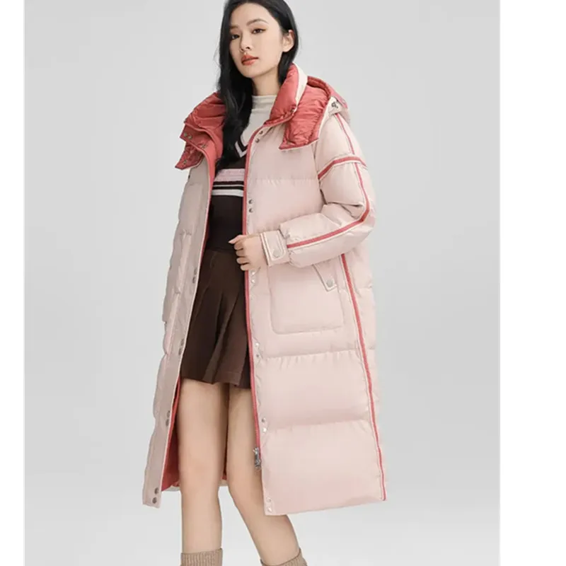 شتاء جديد اللون التباين الربط مقنعين الأبيض بطة أسفل سترة المرأة موضة عادية رشاقته معطف دافئ الإناث معاطف طويلة بايك #6