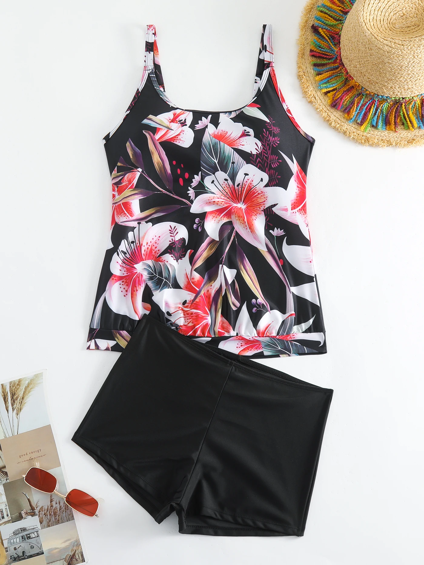 

Women's Summer Vacation Tankini Set - High Stretch Crew Neck Swimsuit with Random Print, Knit Fabric 2 Piece Tropical Bikini