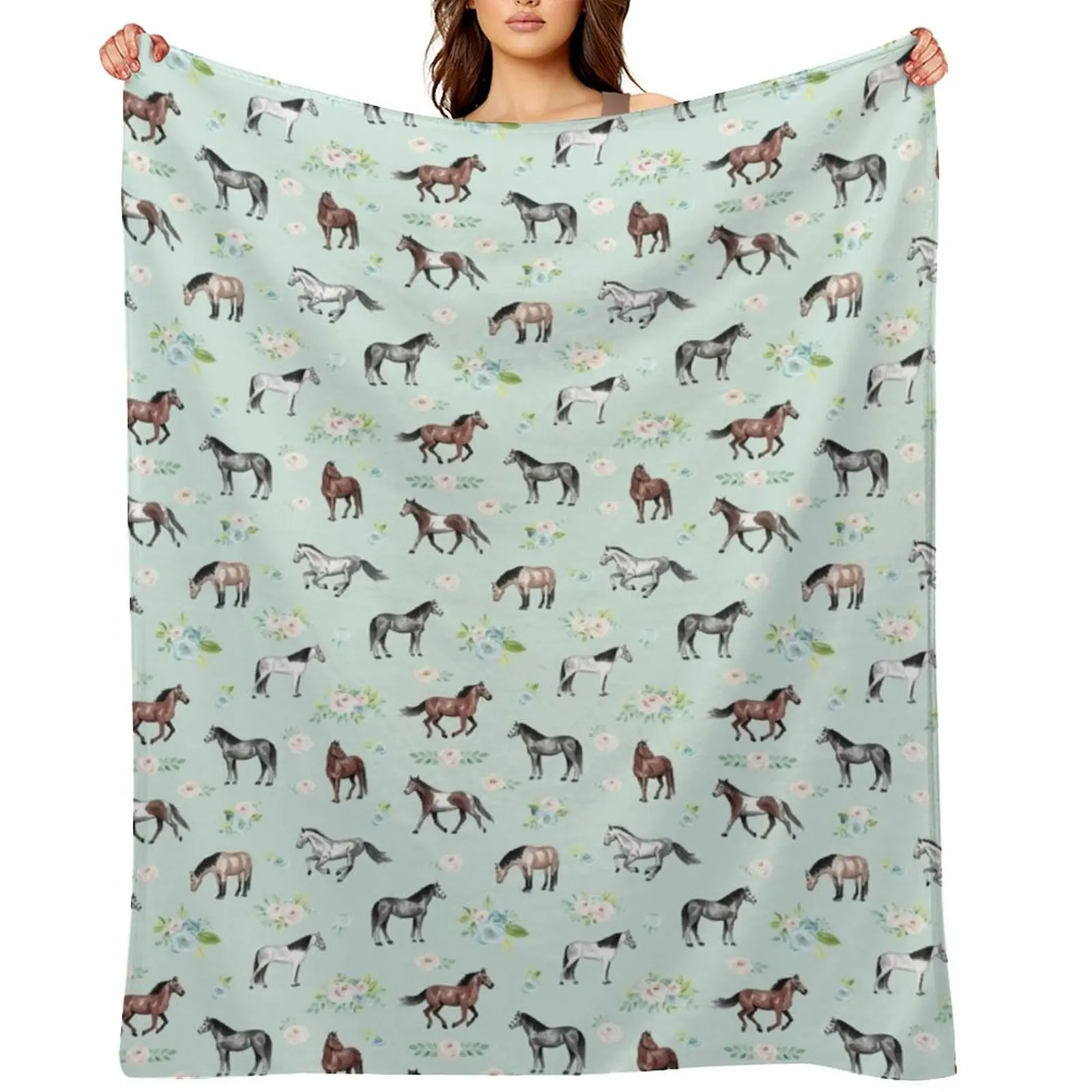 

Horses with Flowers, Romantic Blue, Pink Floral, Horse Decor, Throw Blanket Picnic for winter Furrys Beautifuls Blankets