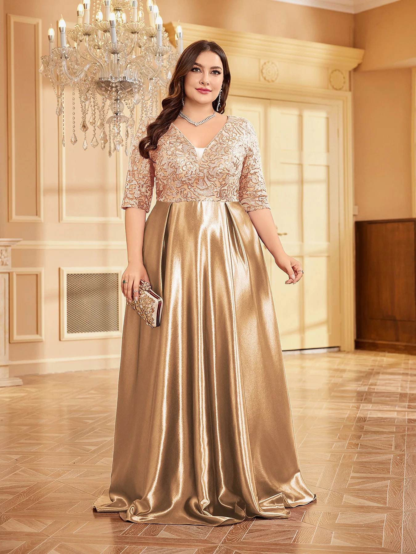 XUIBOL Evening short-sleeve V-neck sequin dress with a luxurious satin skirt and sparkling sequined bodice.