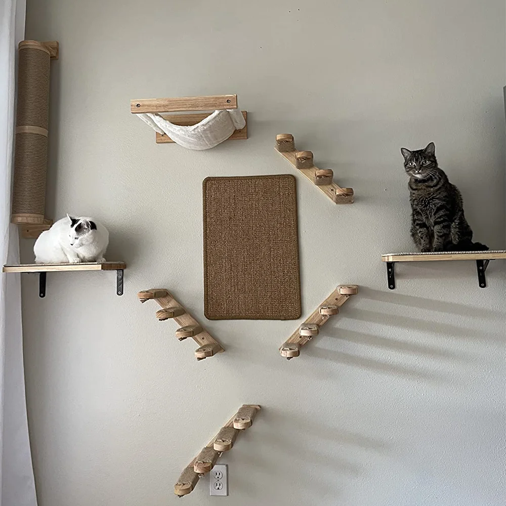 

Solid Wooden Cat Wall Mounted Indoor Furniture Cat Hammock Hanging Bed with 4 Steps Ladder for Kitten Climbing and Sleeping