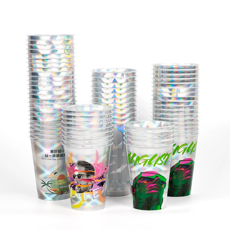 custom.LOKYO Fashionable Holographic pp Film Inner Pasted Disposable Boba Plastic Cup with