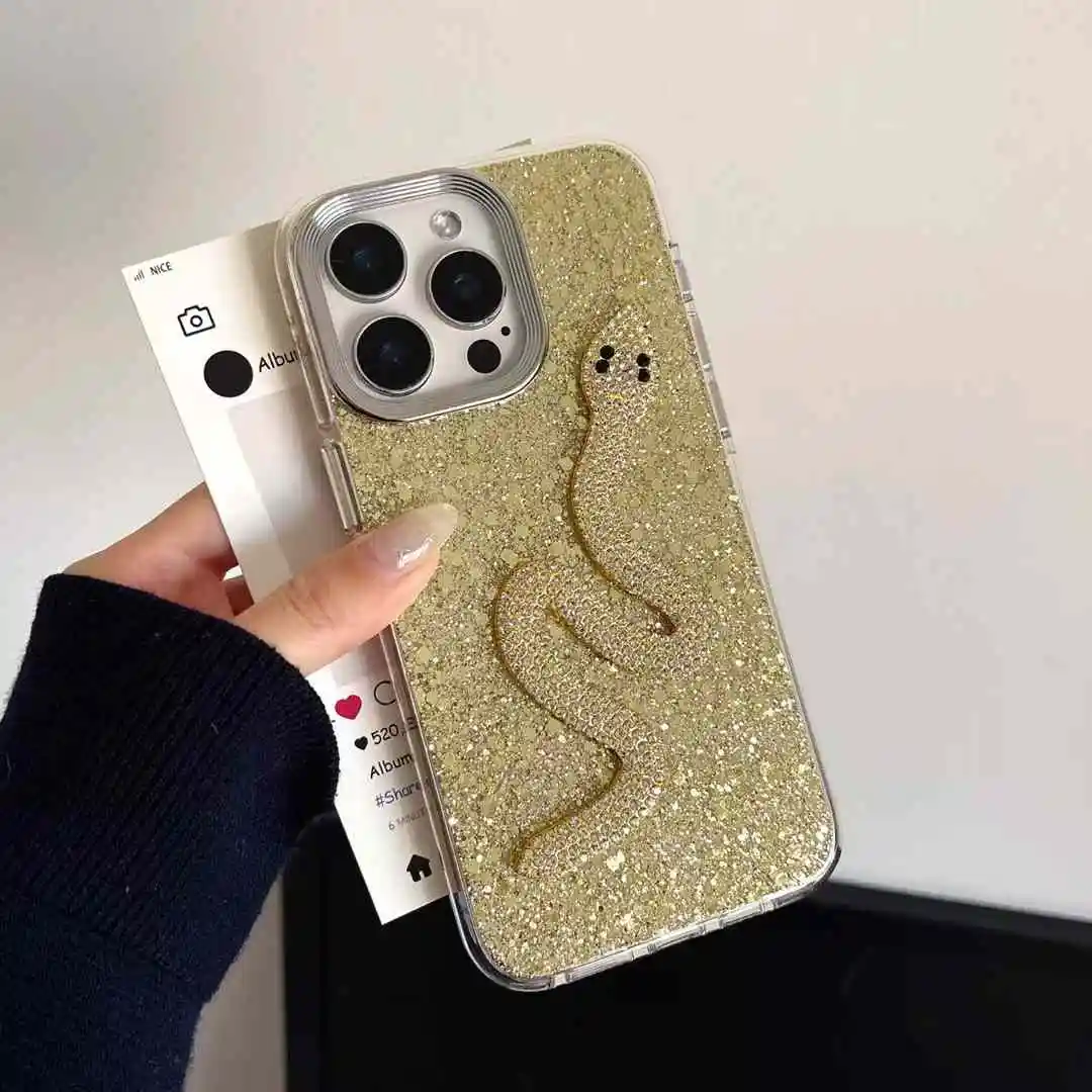 Luxury Creative Rhinestones Snake Epoxy Phone Case For iPhone 16 15 14 13 12 Pro Max Stylish Glitter Shockproof Soft Cover Gift