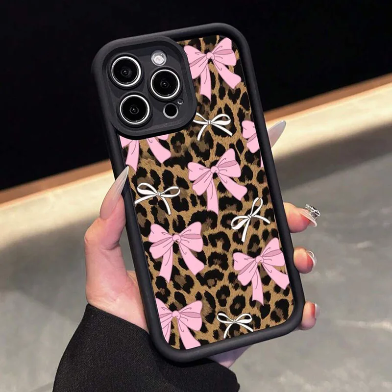 

Case For Realme 14 Pro Plus 5G 14X 13 12 11 10 9 Pink Bow With Leopard Print Cover For Realme GT 6 C75 C67 C65 C63 C55 C53 Funda