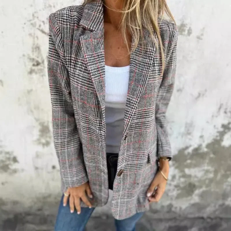 

Office Lady Elegant Chic Jacket Long Sleeve Lapel Cardigan Coat Outwear 2024 Autumn Winter Vintage Women Plaid Suit Blazer
