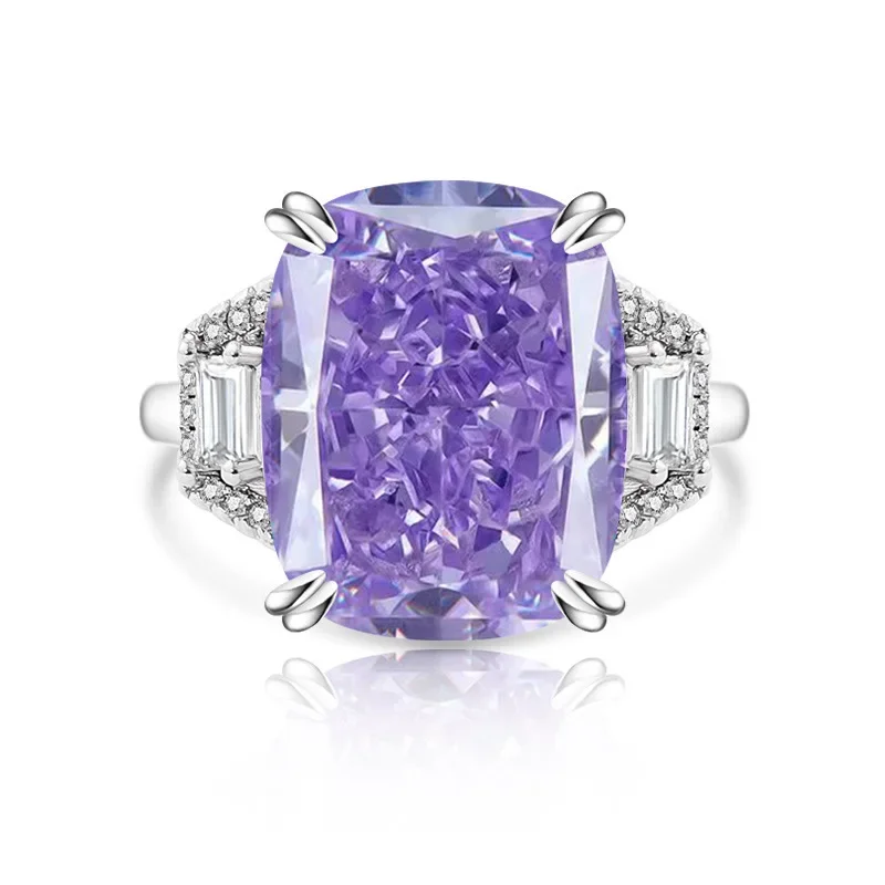 

925 Sterling Silver Luxury Fashion Ice Flower Cut Large Square Crystal Zircon Ring Birthday Anniversary Wedding Party Gift