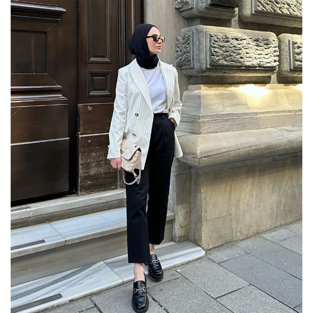 Fashion Women's Pants Set High-end Double Breasted Female Two Pieces(White Stripes Blazer+Black Trousers)