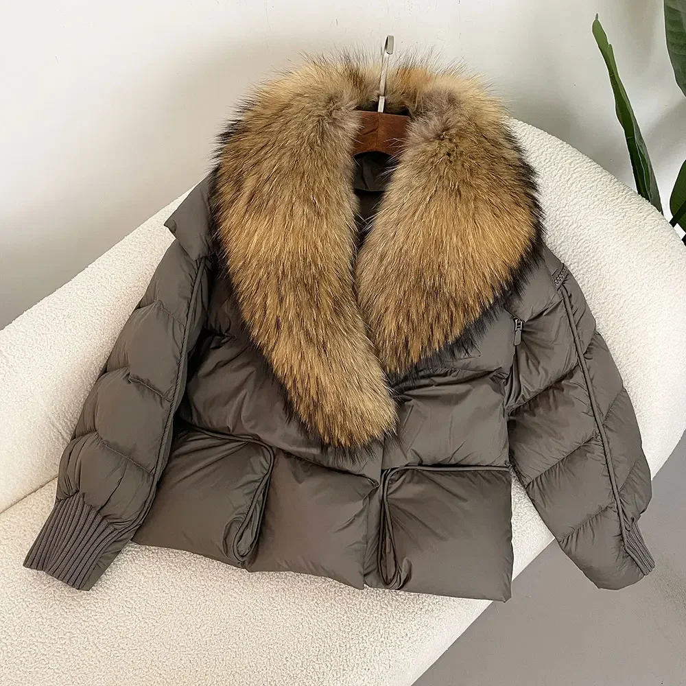 Moda 2024 Giacca Invernale Donna Naturale Reale Procione Collo di Pelliccia di Volpe Piumino D'anatra Bianca Cappotto di Spessore Caldo Streetwear Casual Tuta Sportiva