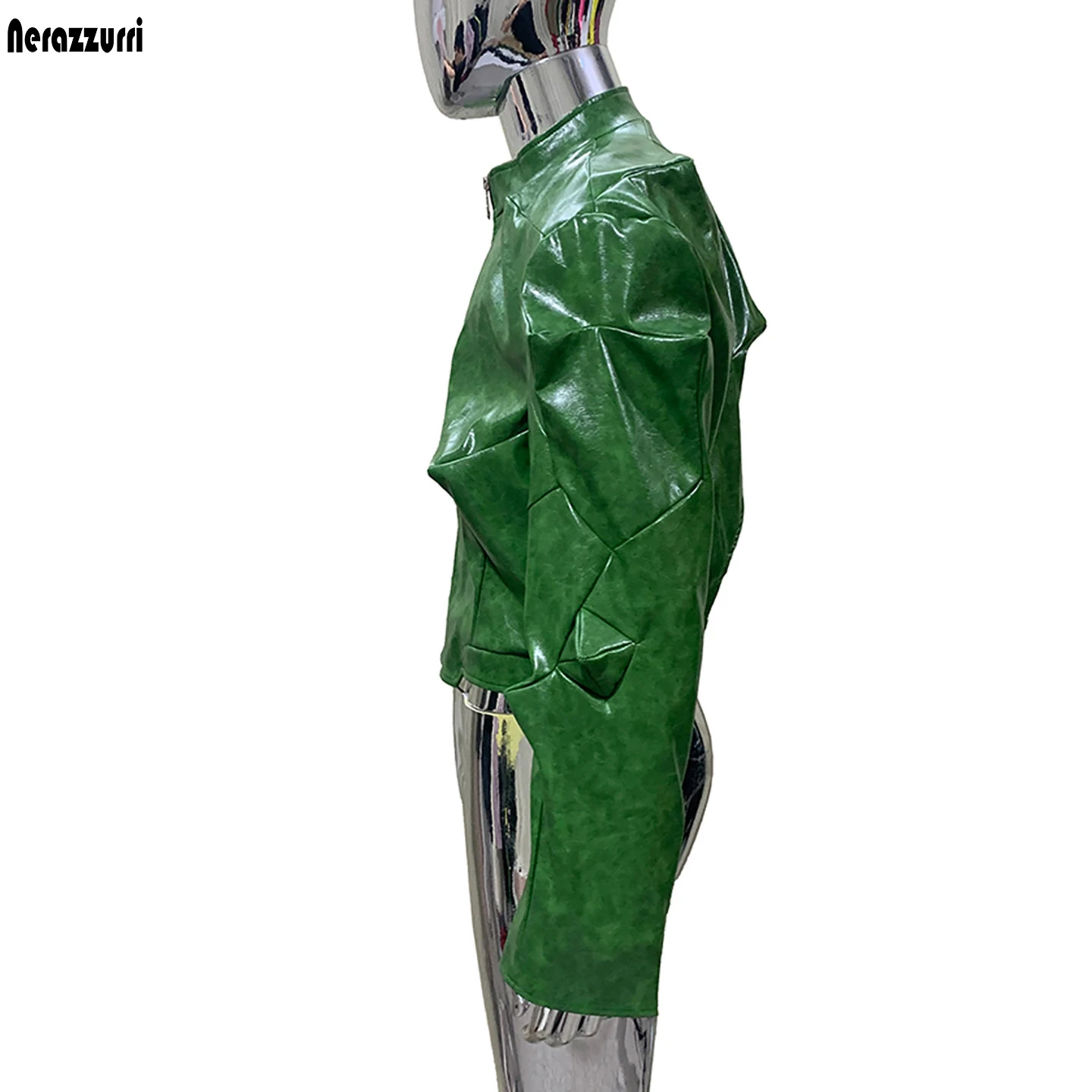 Nerazzurri Autumn Short Shiny Bright Green Deconstruction Pu Leather Jacket Men Luxury Designer Punk Style Menswear Streetwear