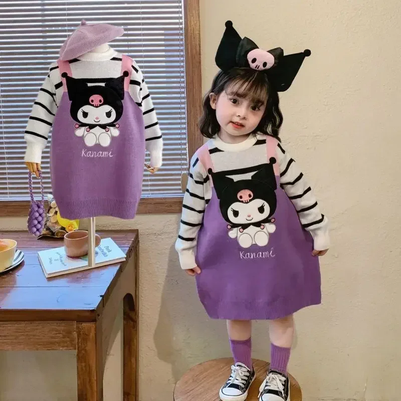 Kids Baby Girls Kawaii Kuromi Sweater Dress Cartoon Cute Fake Two Pieces Princess Knitted Dress Christmas Cotton High Quality