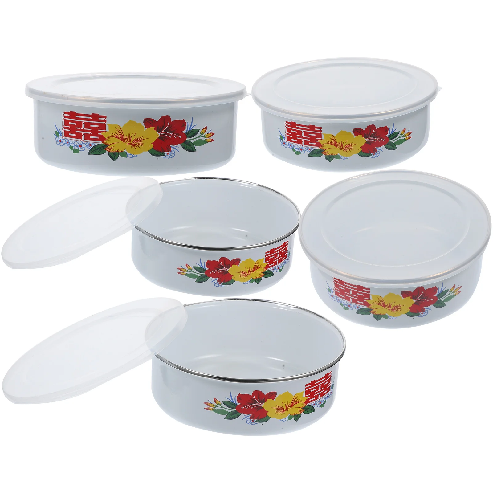 5 Pcs Enamel Thickened Preservation Bowl with Lid Salad Instant Noodle Storage Salad Containers Soup Household Enamelware Fruit