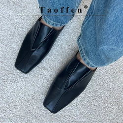 Taoffen Genuine Leather Loafers For Women Sheep Skin Fashion Pleated Office Lady Flat Slip On Soft Lazy Shoes Square Toe Loafers