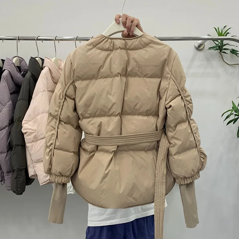 Imagem -05 - Parkas Feminino Sólido Moda com Decote em v Fino Estilo Coreano Inverno Manter Quente Cinto Cabolsas All-match Outwear High Street Office Lady