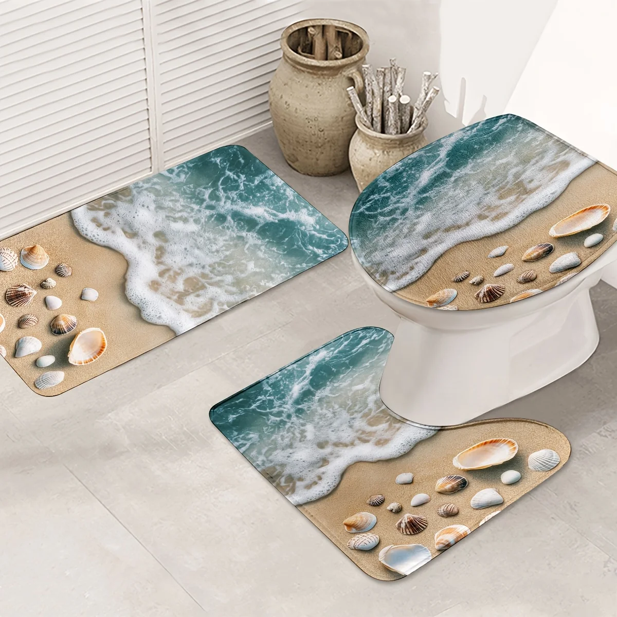 

Beach Sea Wave and Seashell Print 3 Piece Bathroom Rug Set Anti Slip Soft Absorbent Toilet Seat Cover Mat Home Decor