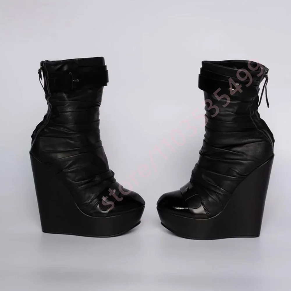 

Черные ботильоны на танкетке с круглым носком, весенние, сексуальные, в стиле ретро, на молнии, повседневные, в западном стиле, женские кожаные с пряжкой, модель 2026