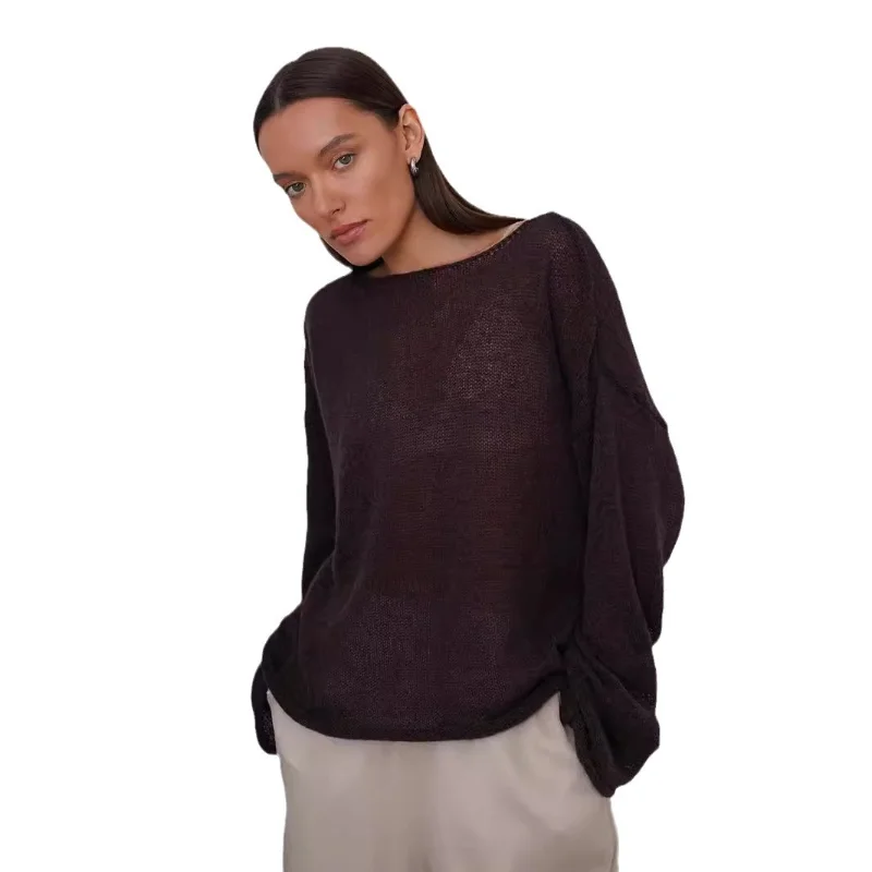 

2024 New Women's Perspective Thin Large Round Neck Horn Sleeve Knitted T-shirt