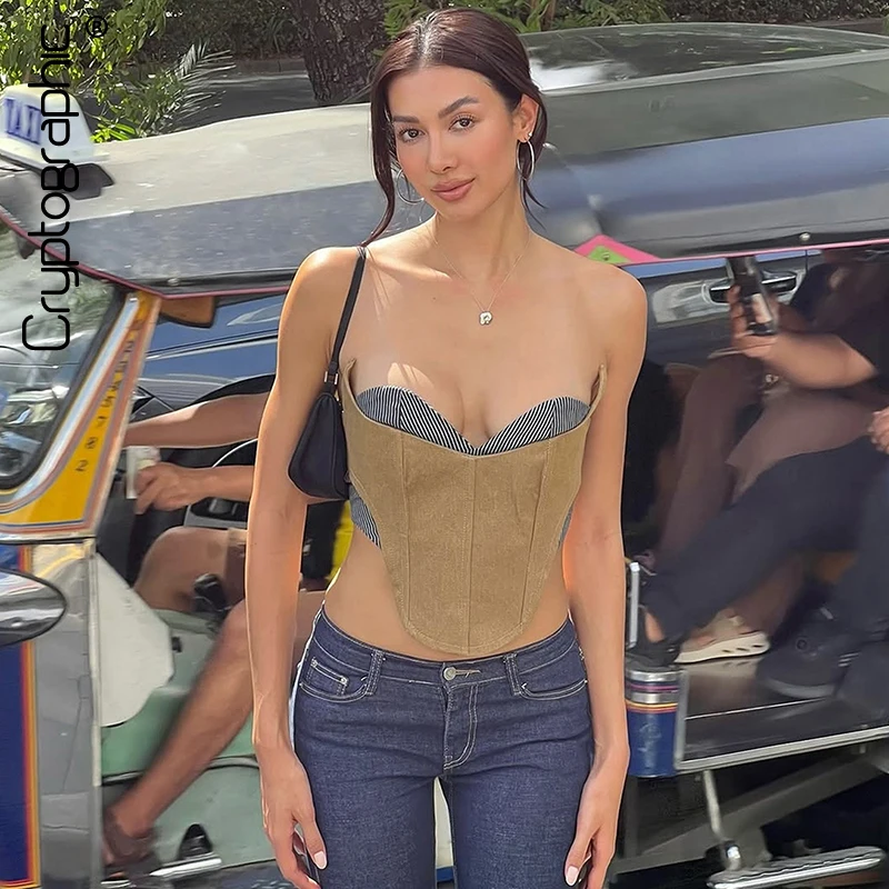 

Cryptographic Asymmetrical 2000s Y2K Corset Top for Women Vintage Sexy Strapless Bandage Lace Up Tops Underwear Vest Clothes