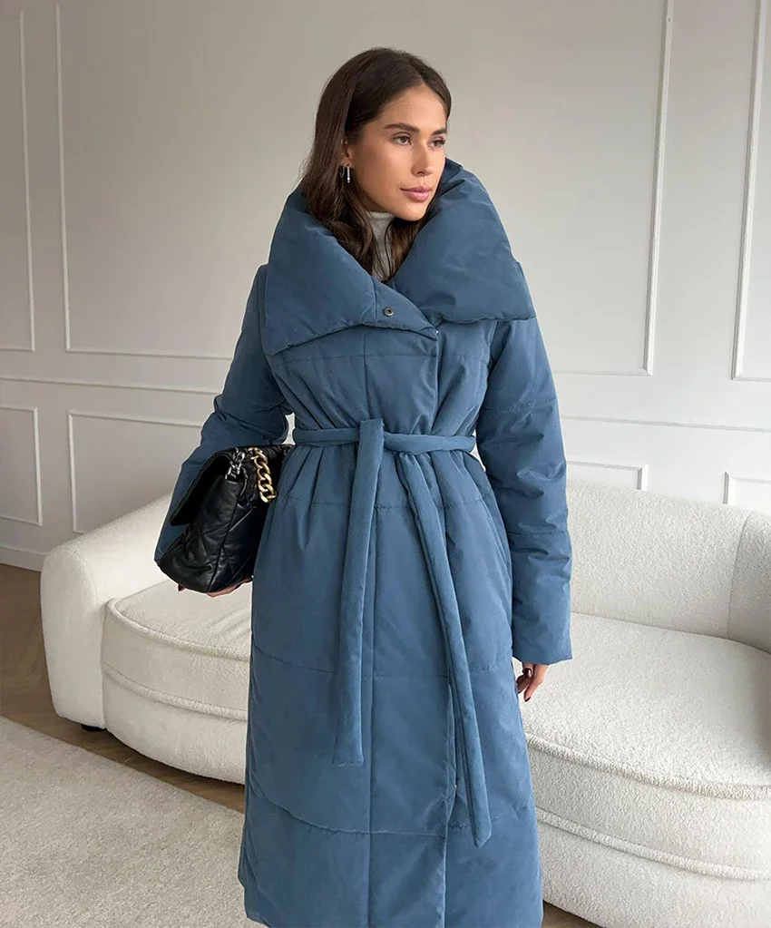 Elegant Winter Jacket for Women Parka Long Cotton-Padded Puffer Coat with Belt Stand Collar Warm Long Outerwear Chic Loose Coats