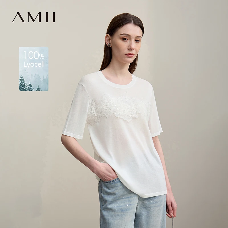 Amii Women's Sweater 2026 Summer Round Neck Lace Trim Women's Knit Top Loose Fit Short Sleeve Casual Pullover For Women 12652032