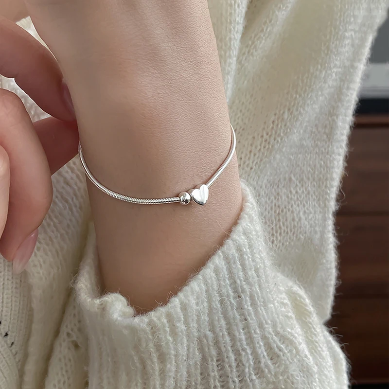 

925 Sterling Silver Round Bead Heart-Shaped Snake Bone Bracelet For Women's Fashion Korean Version New Bracelet Wedding Jewelry