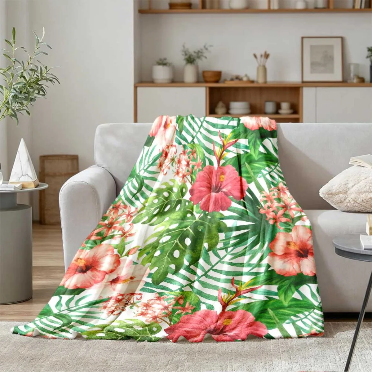 Tropical Hibiscus Floral Flannel Throw Blanket, Green Monstera Palm Leaf Print Soft Warm Blanket for Sofa Bedroom Decor