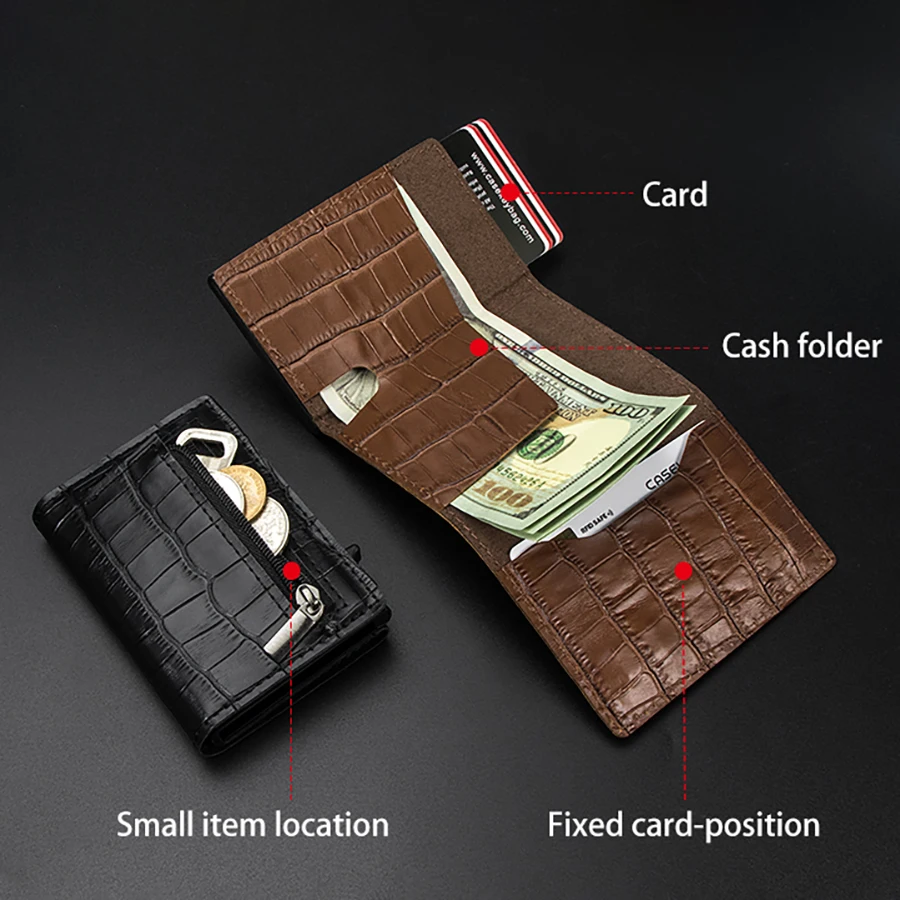 CASEKEY New RFID Short Men Card Bag Wallet Pop Up Card Holder Male Purse Crocodile Pattern Leather Smart Wallet with Coin Purse