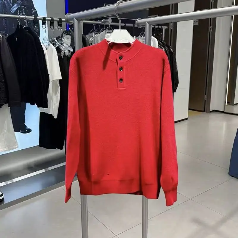 

Casual Red Henry Collar Knitted Sweater for Men Spring Autumn Faionable Base Layer Top for Couples New Year Youth Sle