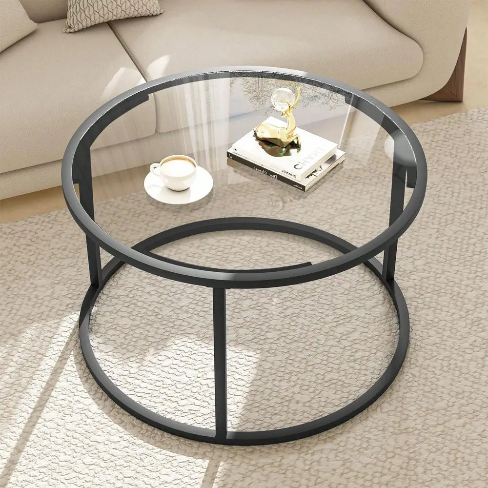

Coffee Table,Round Gold Coffee Table For Small Space,27 Modern Center Table,Glass Top Clear Coffee Table With Sturdy Metal Fram