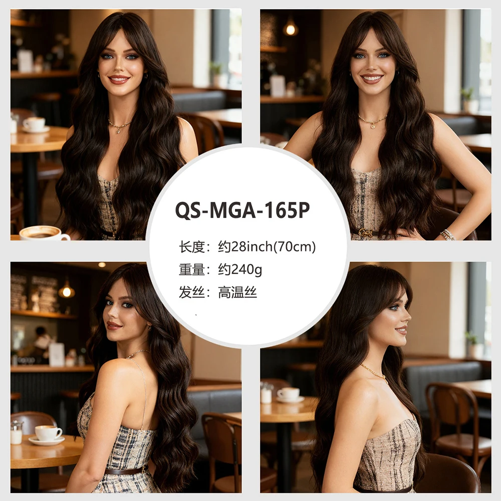 غرة شعر مستعار، تسريحة شعر كاملة الرأس، عصابة رأس حريرية محاكاة طبيعية عالية الحرارة، شعر طويل مجعد مستقيم، أنثى #2