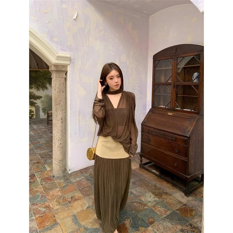 American Vintage 3 Piece Sets Women Retro Sweet Lace Off Shoulder Y2k Shirt Gothic Y2k Mini Cake Skirt Suit Girl Korean Fashion