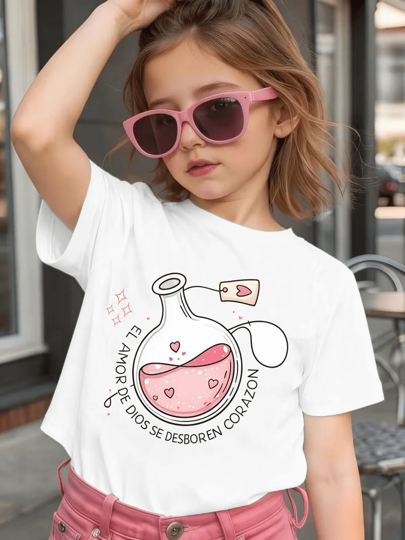 Cute Pink Love Potion Bottle Heart Graphic Kids Tee Boys Girls Family Matching Cotton Crew Neck Short Sleeve Soft Summer Tee