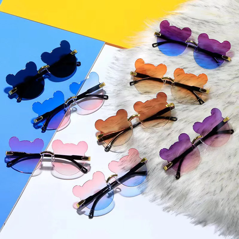 Lunettes de soleil sans monture ours de dessin animé pour filles et garçons, lunettes rondes rétro pour enfants, lunettes d'extérieur pour bébé, lunettes anti-ultraviolets, UV400