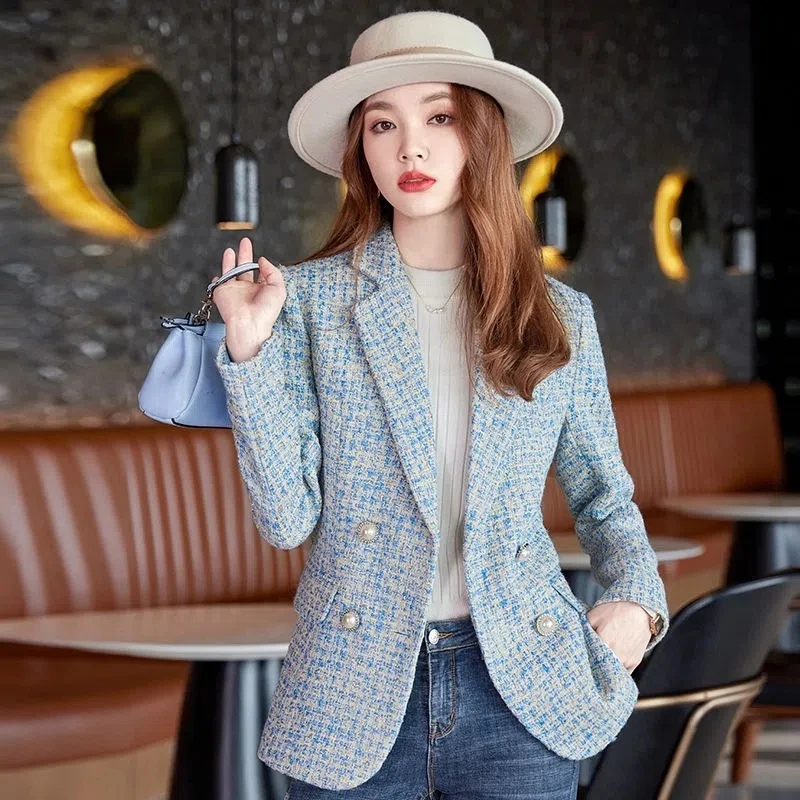 Tweed Frauen Blazer Jacke neue Büro Dame elegante Zweireiher Knopf Woll mantel Herbst Winter Jacke weibliche Anzug Oberbekleidung