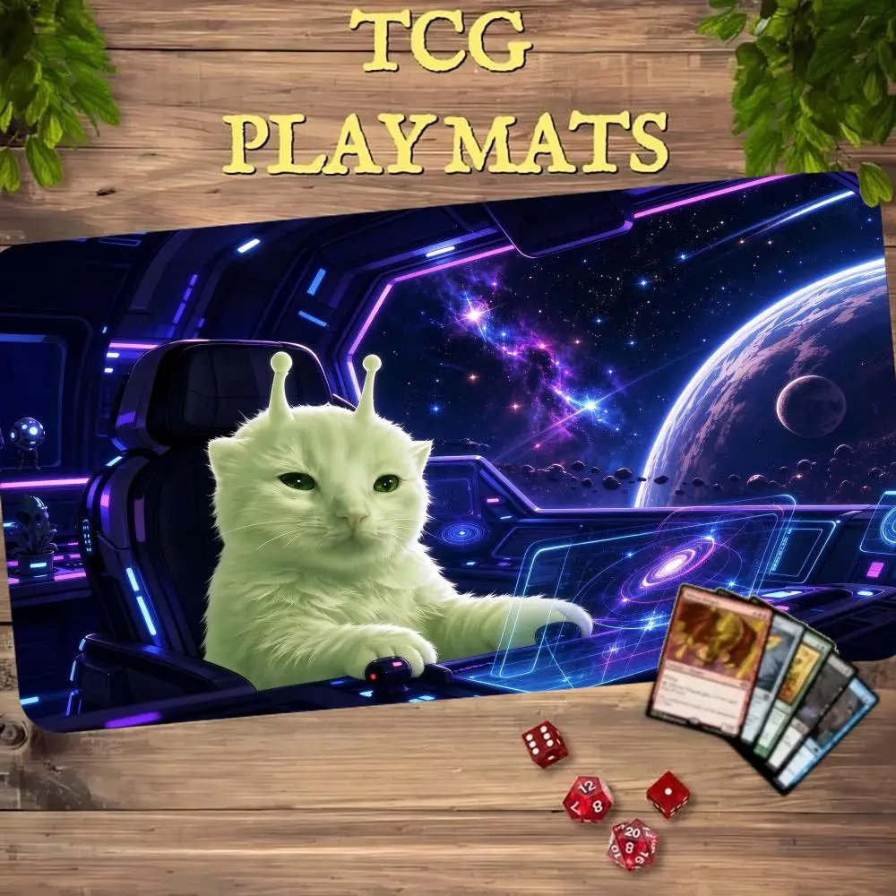 Funny Alien Meme Cat MTG Trading Card Game Playmat TCG CCG Play Mat 600x350 Non-Slip Durable Stitched Edge Magic Card Desk Mats