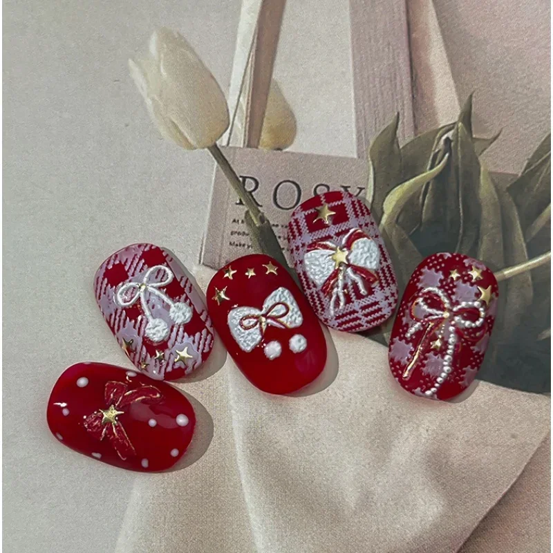 Exquisite Winter Nail Sticker Red Bow and Gold Star Bowkont Pattern Self-adhesive Nail Decoration Sticker Accessories DIY Decals