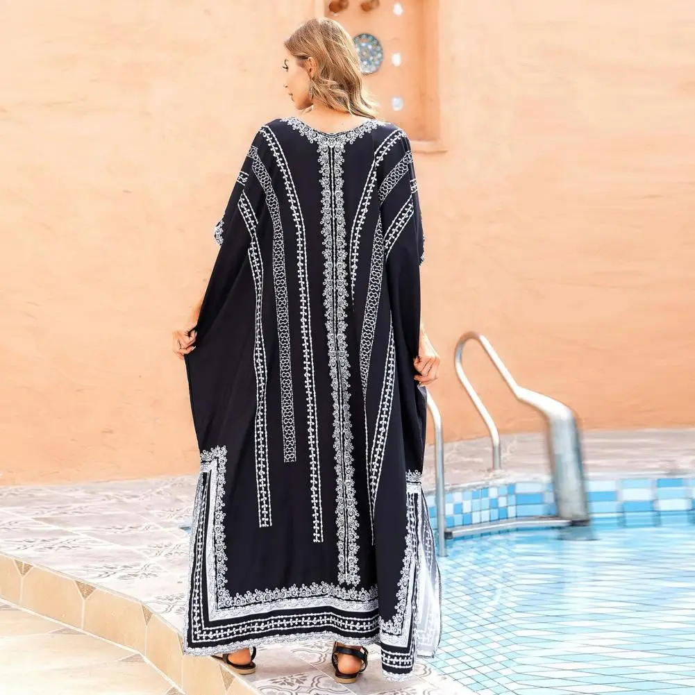 Losse Strandbedekking Etnische Stijl V-Hals Strandjurk Met Zijsplit Losse Bikini Cover-Up Gewaad Korte Mouw Zon Voor Dames