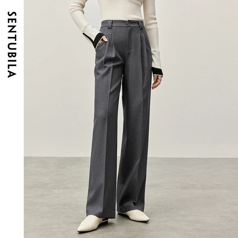 

SENTUBILA Straight High Waist Pants Women 2024 Winter Folds Full-length Pant Texture Twill Office Lady Female Clothing 143K56971