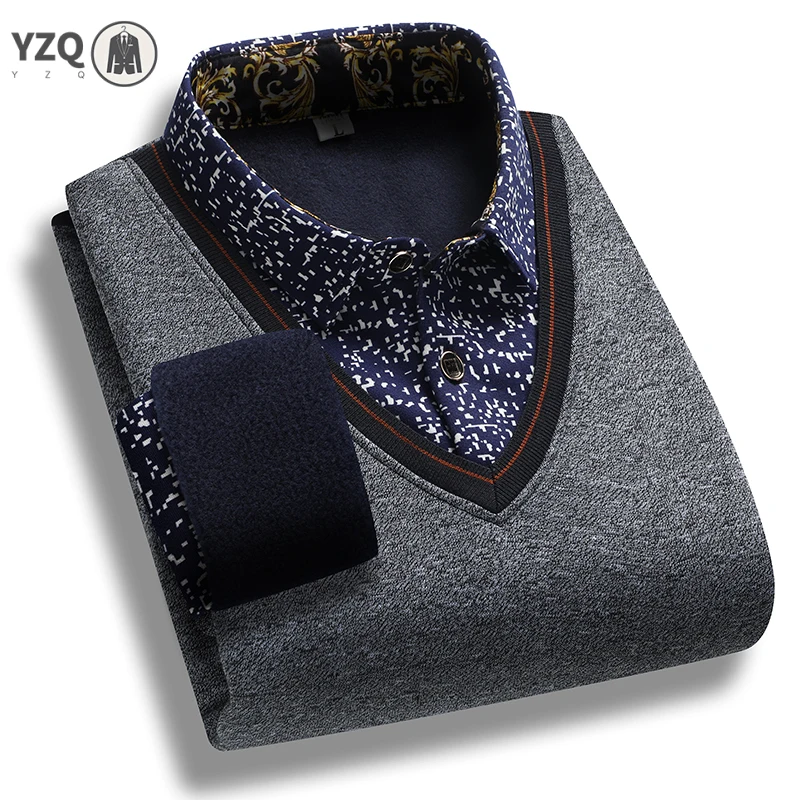 Suéter de Hombre para Otoño/Invierno, Diseño de Dos Piezas, Forro Polar, Cuello Camisero Estampado, Cuello en V, Estilo Casual, Combinable con Todo, Manga Larga