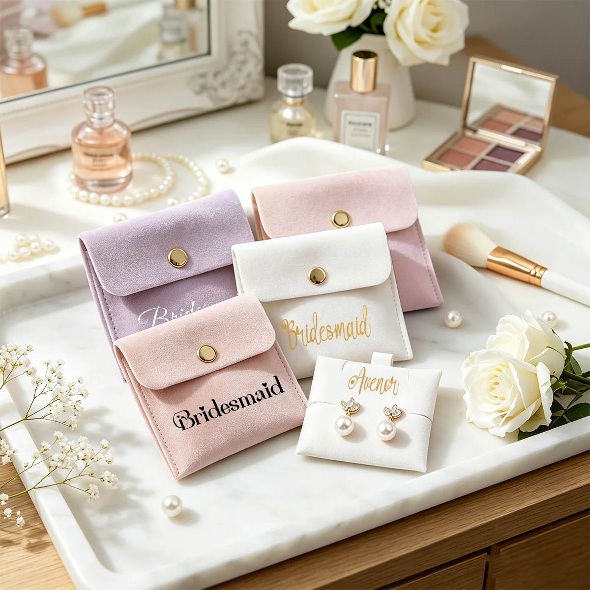 Customizable Snap Jewelry Pouch Multi-color Options Personalized Text Earring & Necklace Storage Bag Bridesmaid Gift Jewelry Bag