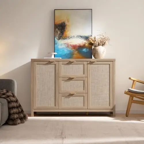52 Inch Sideboard Buffet Cabinet with Storage, Rattan Credenza | Farmhouse Boho Coffee Bar Cabinet Storage Cabinet with