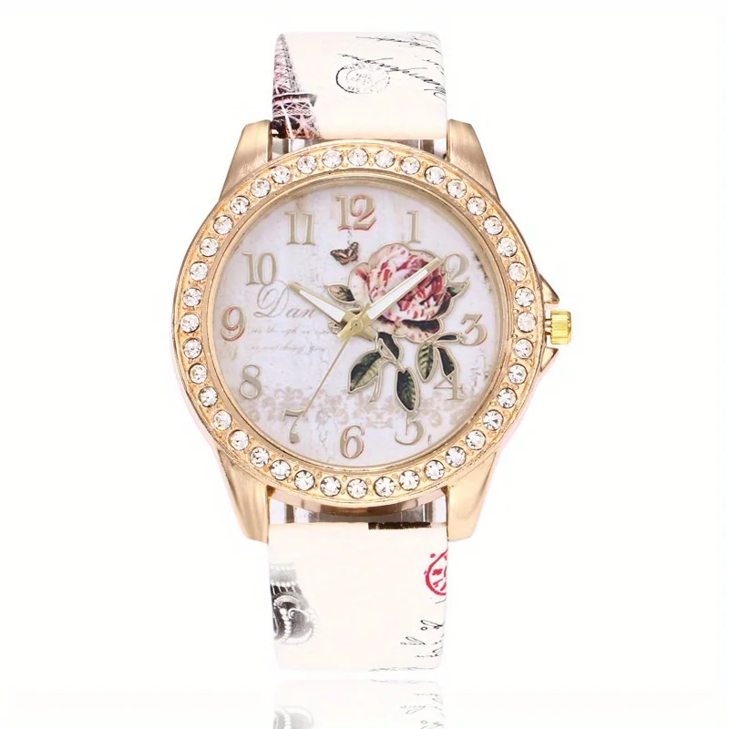 Boho Rhinestone Decor Quartz Watch Rose Flower Dial Analog PU Leather Dress Watch For Women